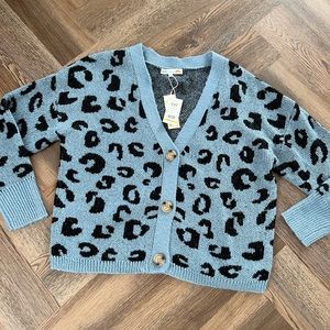 C&C California Blue Leopard Print Cardigan Sweater NWT